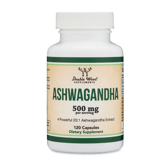 Supplement bottle labeled 'Ashwagandha' with Double Wood Supplements branding on a white background