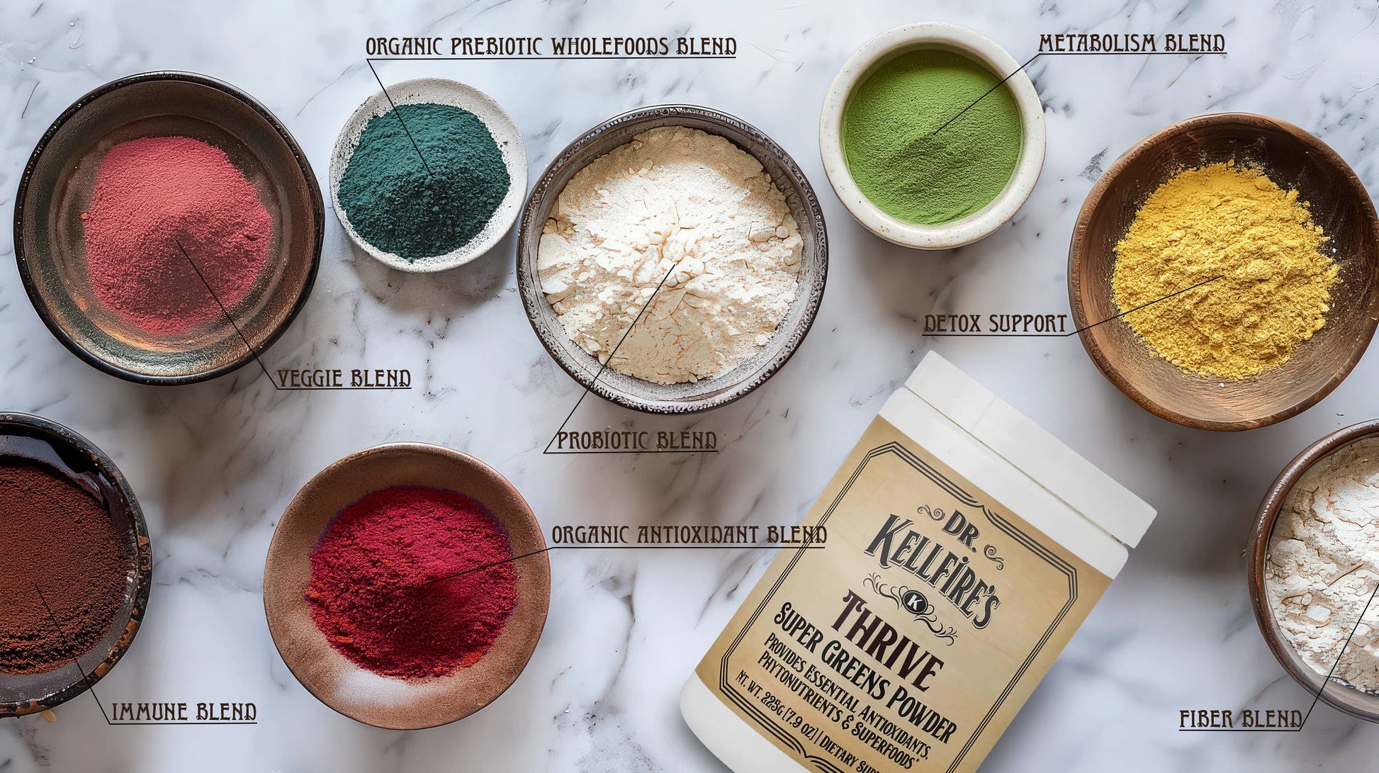 Assorted powders in bowls with labels on a marble surface, featuring Dr. Kellie's Thrive super food powder. Sold at Townsend Draft Goods