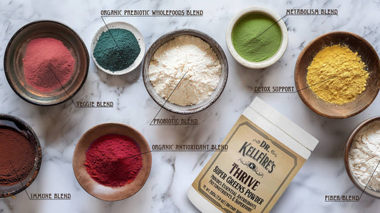 Assorted powders in bowls with labels on a marble surface, featuring Dr. Kellie's Thrive super food powder. Sold at Townsend Draft Goods