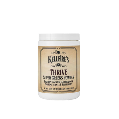 Sold at Townsend Draft Goods. Dr. Kellfire's Thrive Super Greens Powder container on a white background