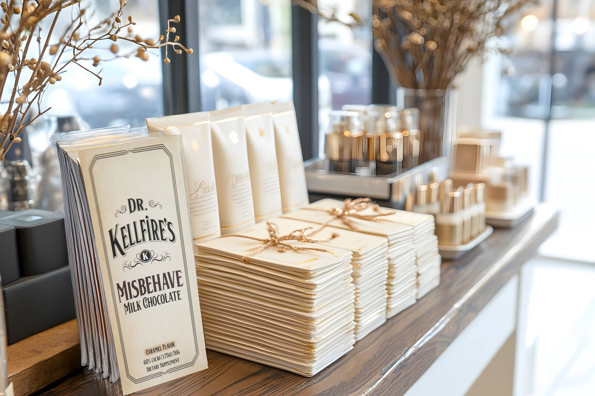 Stacks of Dr. Kellare's Misbehave Milk Chocolate boxes on a wooden surface with a blurred background. Sold at Townsend Draft Goods