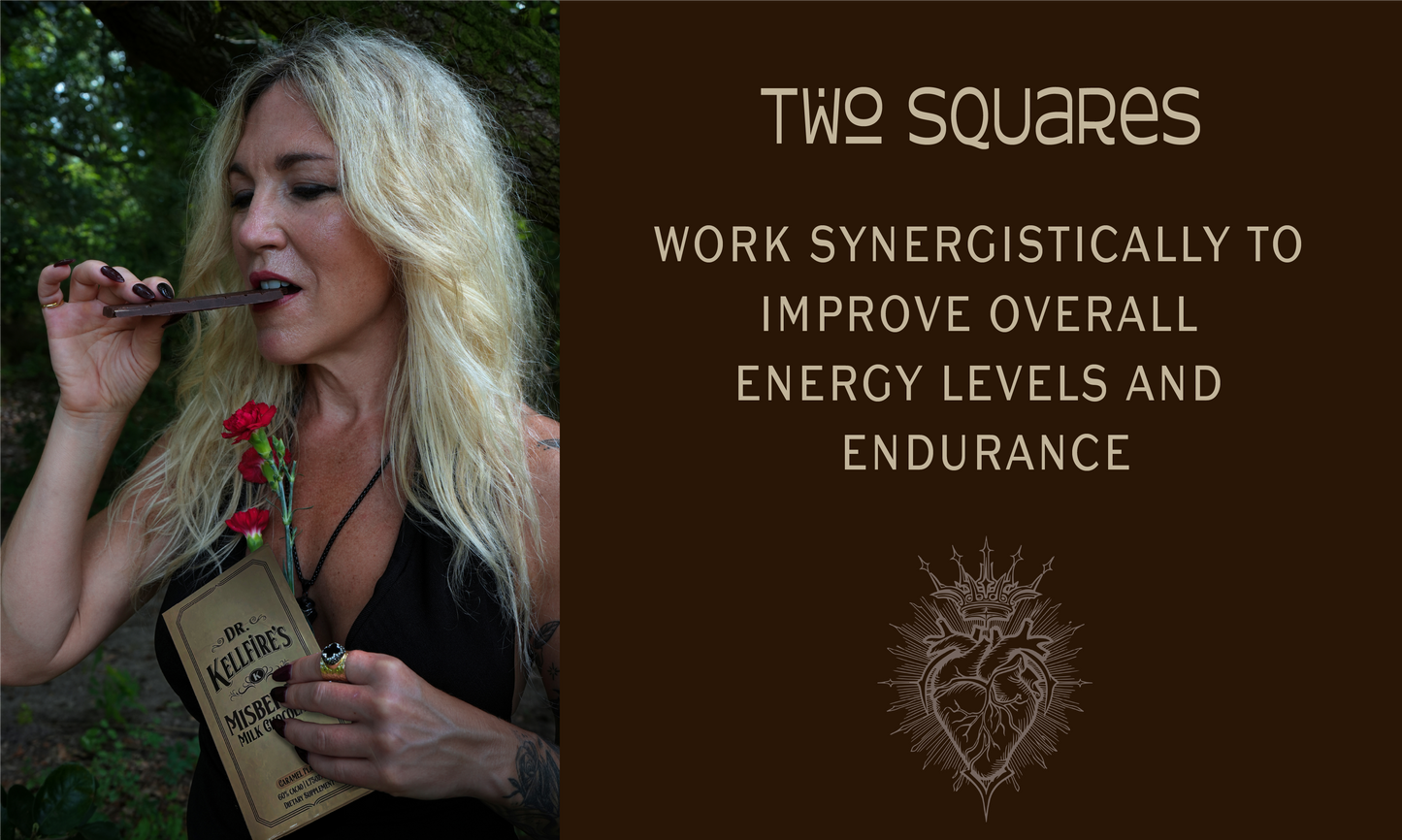 Woman holding a knife with flowers, next to text about 'Two Squares' improving energy levels and endurance. Sold at Townsend Draft Goods