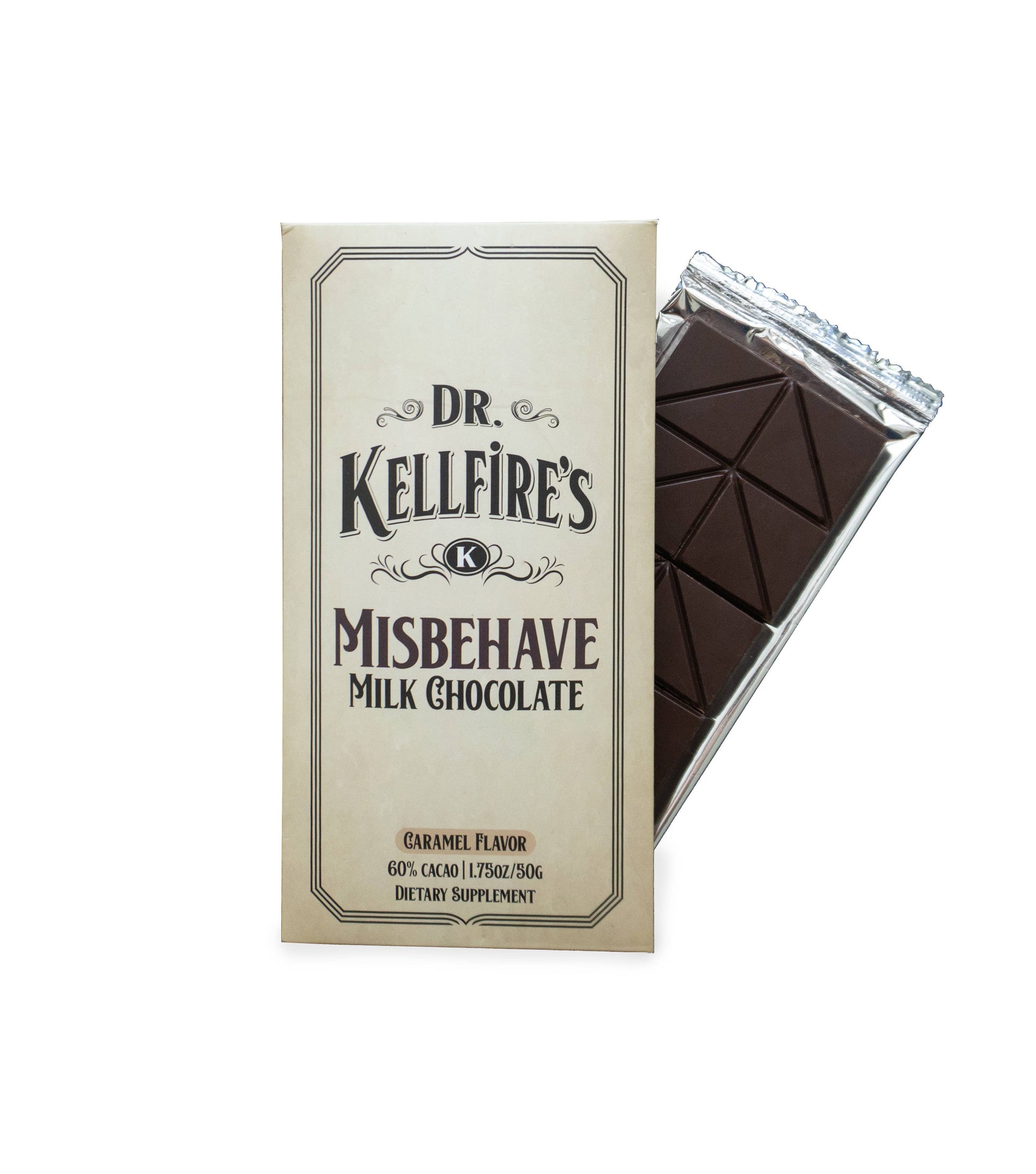 Dr. Kellfire's Misbehave Milk Chocolate packaging with a piece of chocolate on a white background. Sold at Townsend Draft Goods