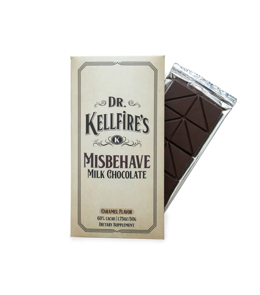 Dr. Kellfire's Misbehave Milk Chocolate packaging with a piece of chocolate on a white background. Sold at Townsend Draft Goods