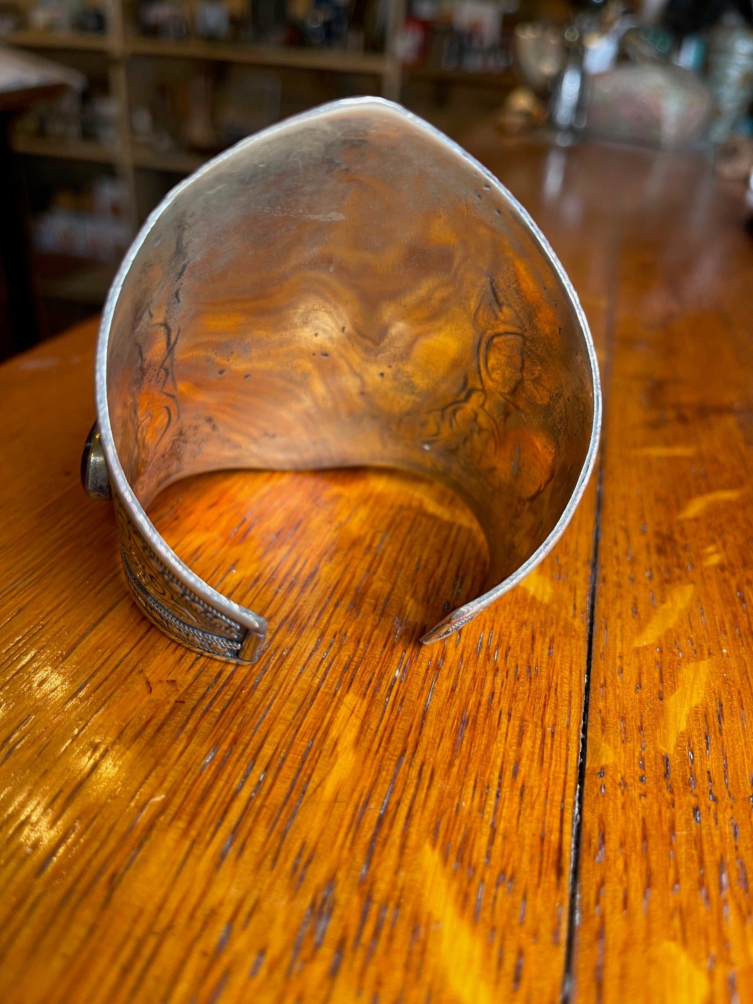 Warrior Goddess Carved Cuff Bangle w/Carnelian Gemstone