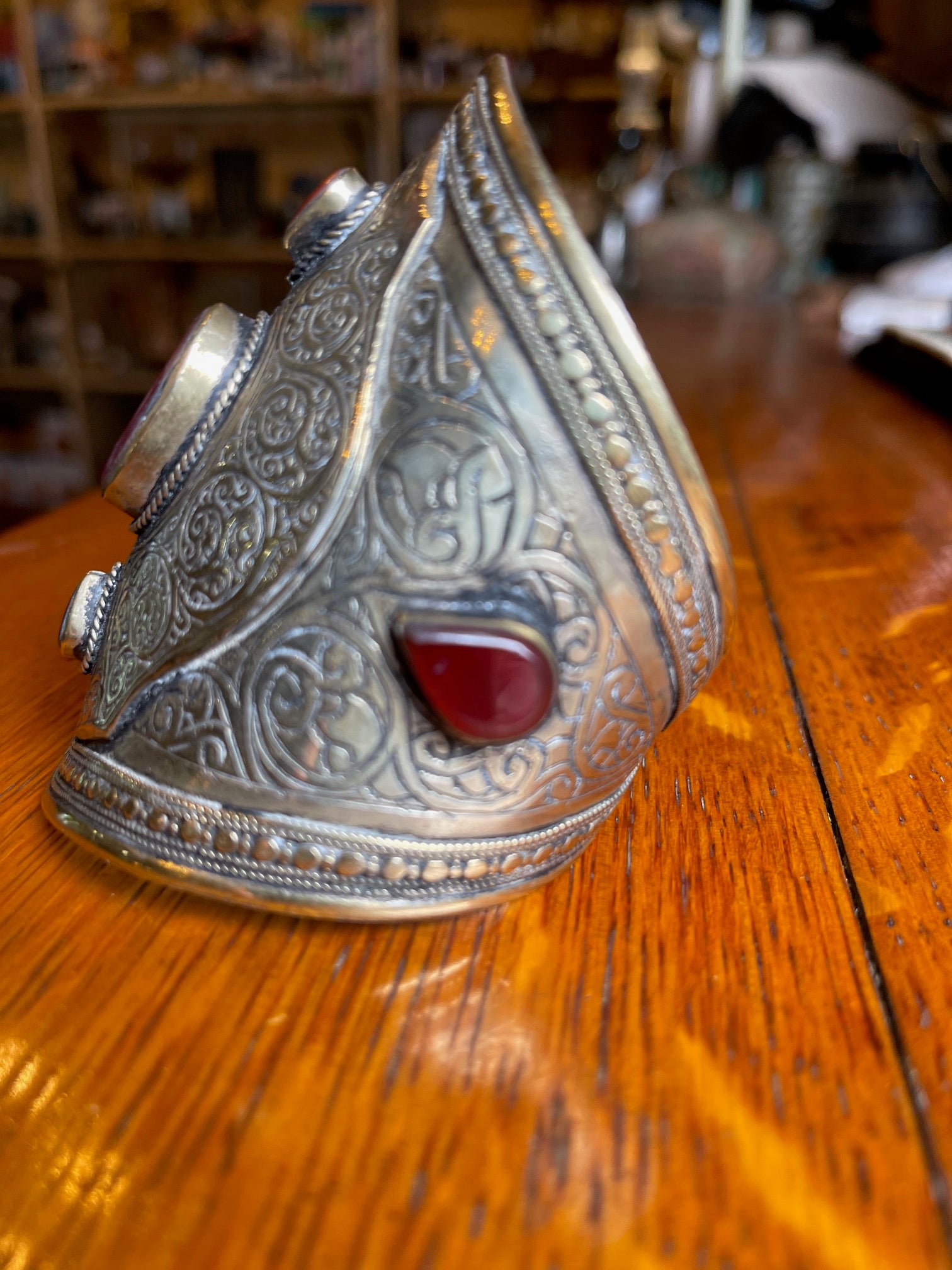 Warrior Goddess Carved Cuff Bangle w/Carnelian Gemstone