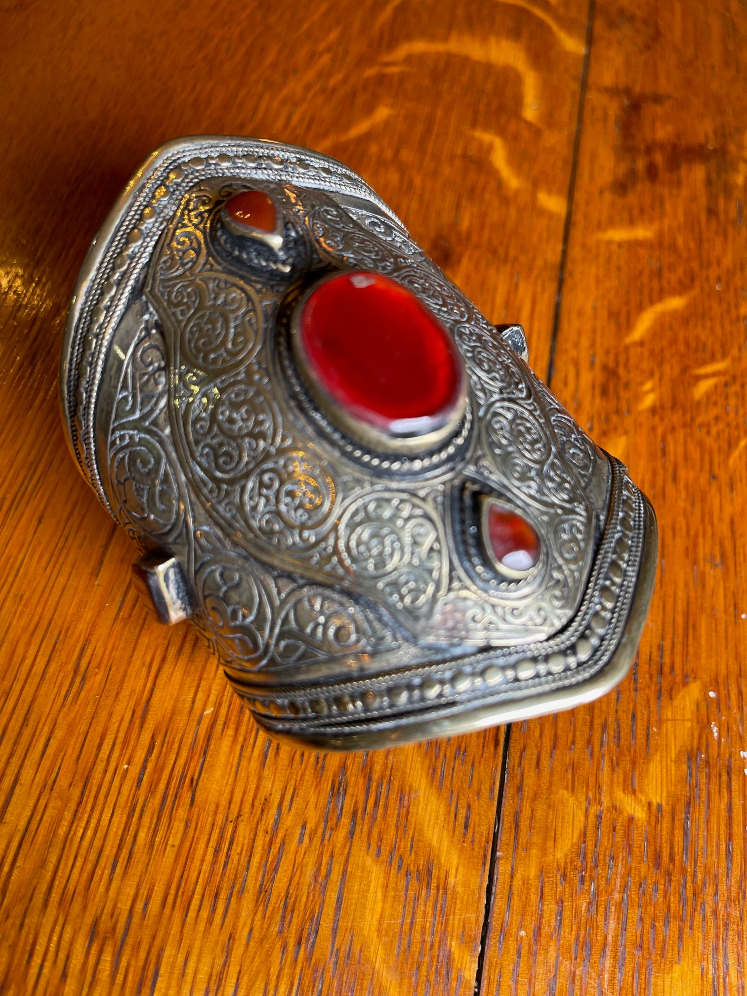 Warrior Goddess Carved Cuff Bangle w/Carnelian Gemstone