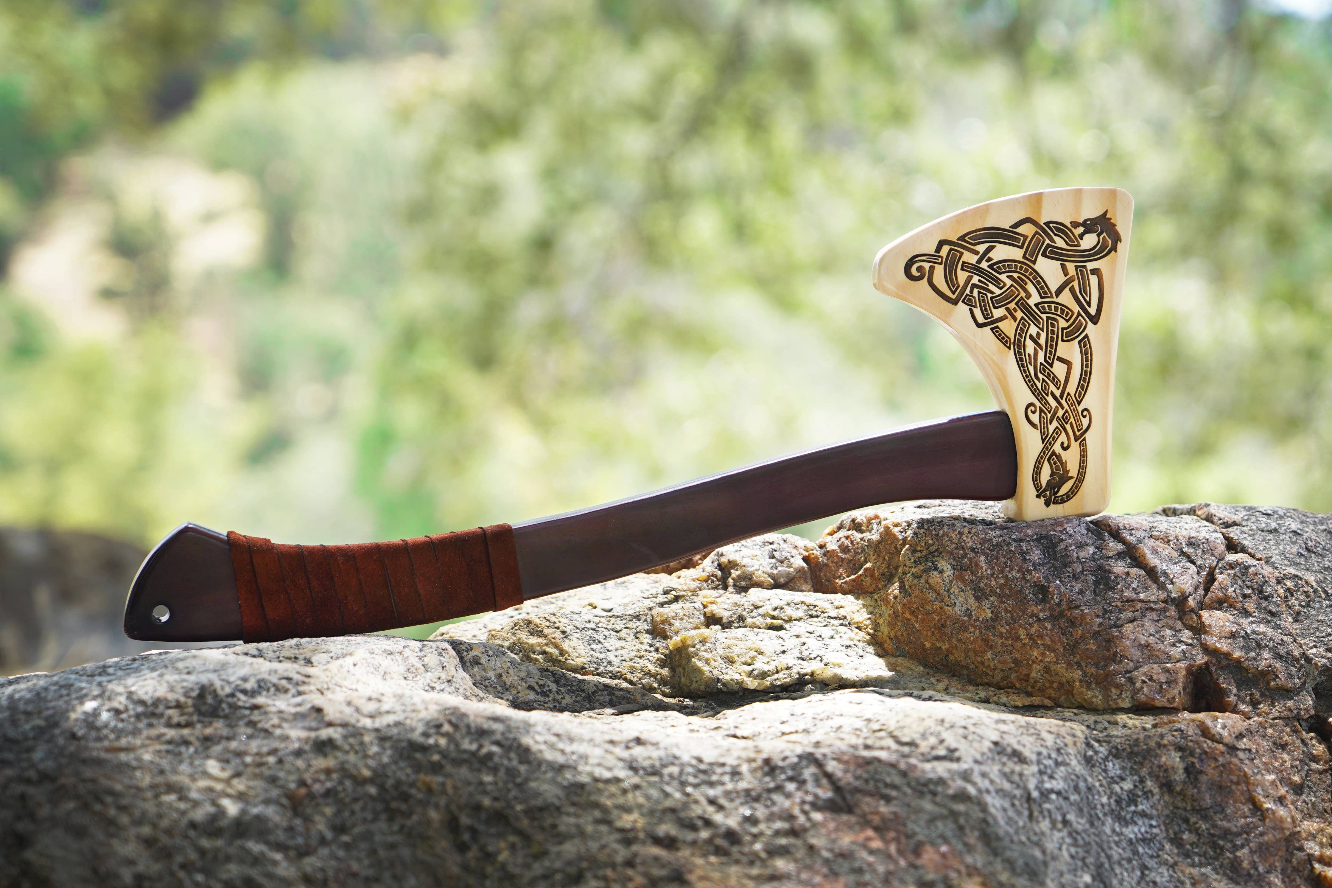 Wooden Play Axe with Norse Motif Engraving and Leather Wrap