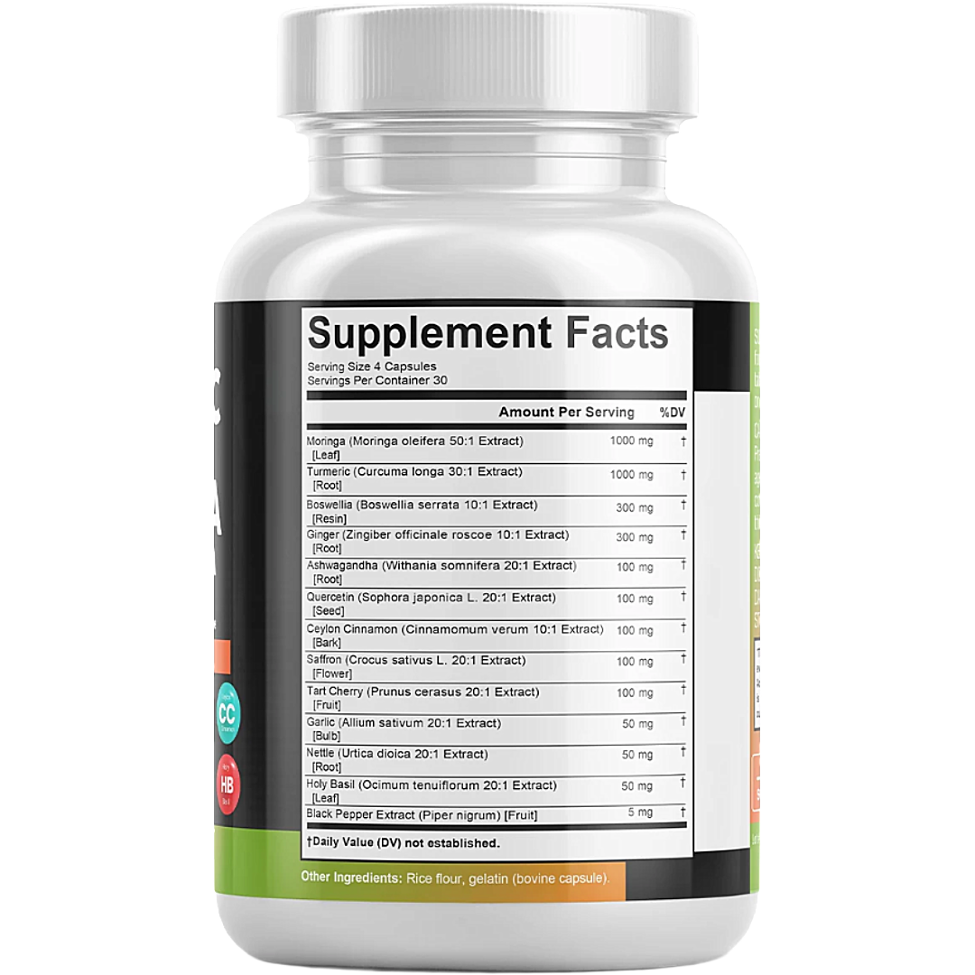 All-in-1 Anti-Inflammatory & Immune Support with Moringa, Turmeric, Boswellia, Ginger, Ashwagandha, Quercetin, Cinnamon, Tart Cherry, Garlic, Nettle, Holy Basil & Black Pepper – 120 Vegan Capsules