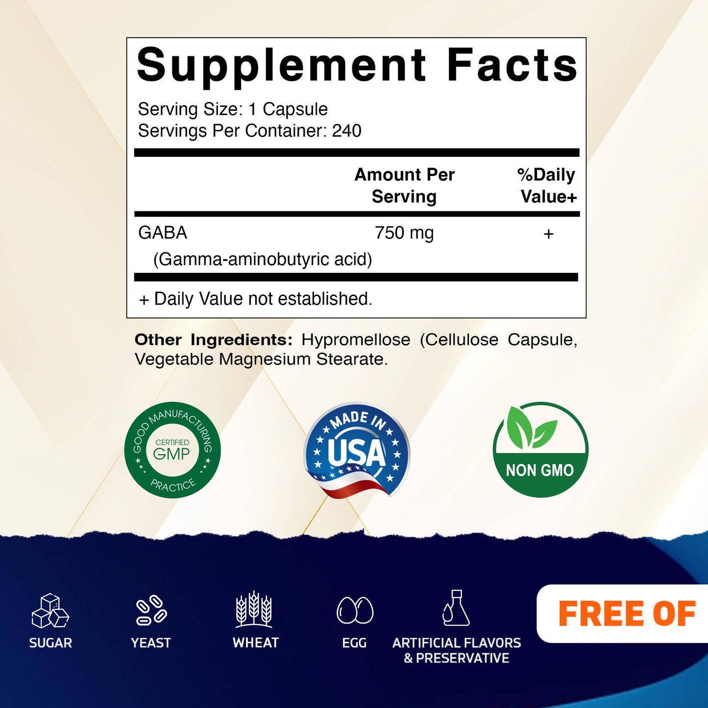 GABA (Gamma Aminobutyric Acid) 750mg (240 Capsules)