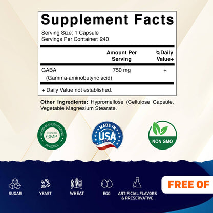 GABA (Gamma Aminobutyric Acid) 750mg (240 Capsules)
