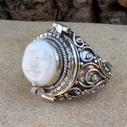 Moon Goddess Ring - Hidden Chamber with Carved Bone (Size 6)