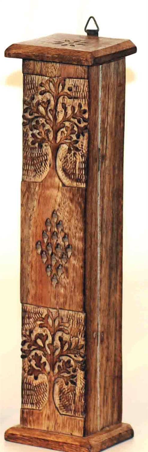 Tree of Life Incense Burner - Vertical Design, Hand-carved Mango Wood