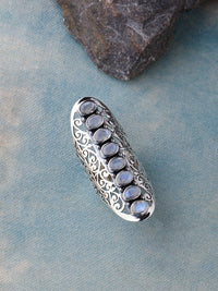 Extra Long Moonstone Ring Stacked in 8 Gemstones, set in Filigree Silver