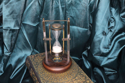 Rotating Sand Timer Hourglass with Functioning Compass Base - Brass & Wood