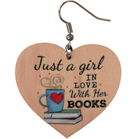 "Just a girl in love with her books" Wooden heart earrings