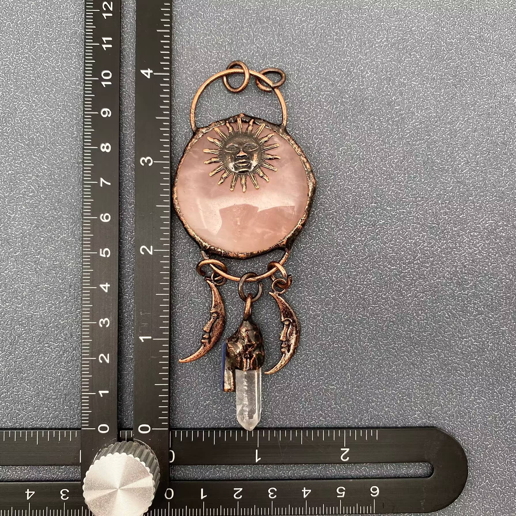 Very Large Quartz Crystal Sun God Moon Pendant (4 inches)