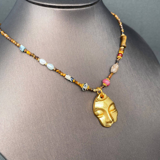 18K Gold Plated Buddha Face Stone & Bead Necklace