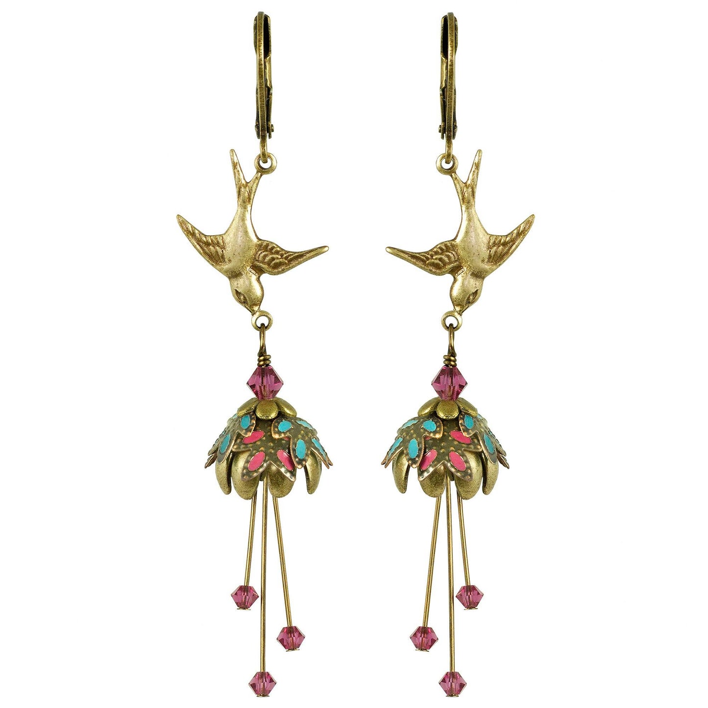 Hand-Painted Antiqued Brass Bird Earrings with Swarovski Crystals