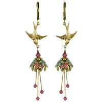 Hand-Painted Antiqued Brass Bird Earrings with Swarovski Crystals