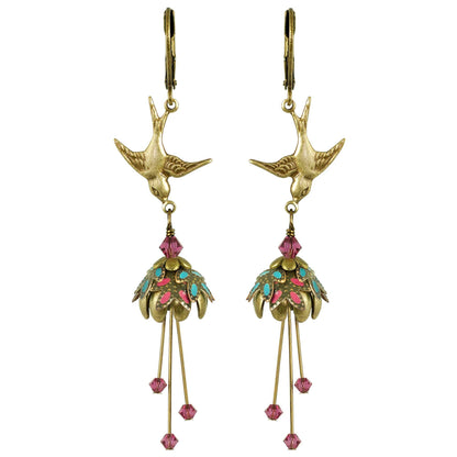 Hand-Painted Antiqued Brass Bird Earrings with Swarovski Crystals