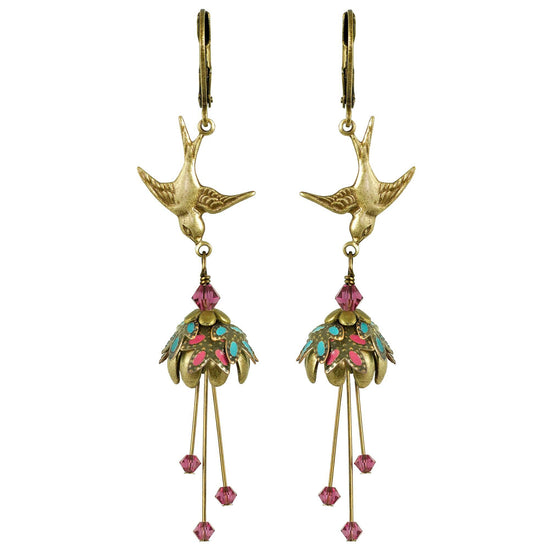 Hand-Painted Antiqued Brass Bird Earrings with Swarovski Crystals