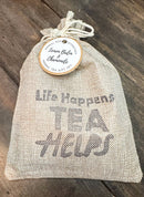 LIFE HAPPENS, TEA HELPS - Herbal Tea Kit - Includes Herbal Teas, Tea Infuser, Honey Stick, & Natural Burlap Gift Bag!