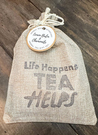 LIFE HAPPENS, TEA HELPS - Herbal Tea Kit - Includes Herbal Teas, Tea Infuser, Honey Stick, & Natural Burlap Gift Bag!