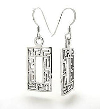 Greek Key Geometric Rectangle Sterling Silver Hook Earrings
