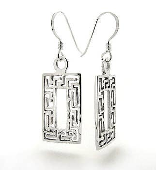 Greek Key Geometric Rectangle Sterling Silver Hook Earrings