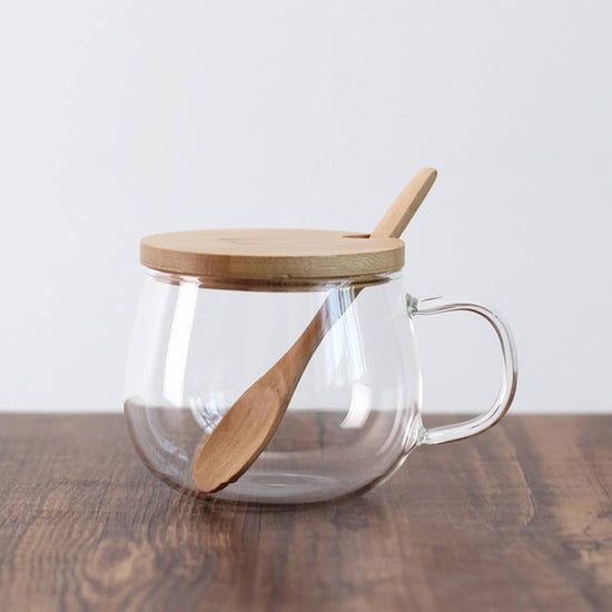 Glass Teacup with Bamboo Lid and Spoon