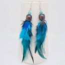 Blue Feather Earrings with a Wooden Bead