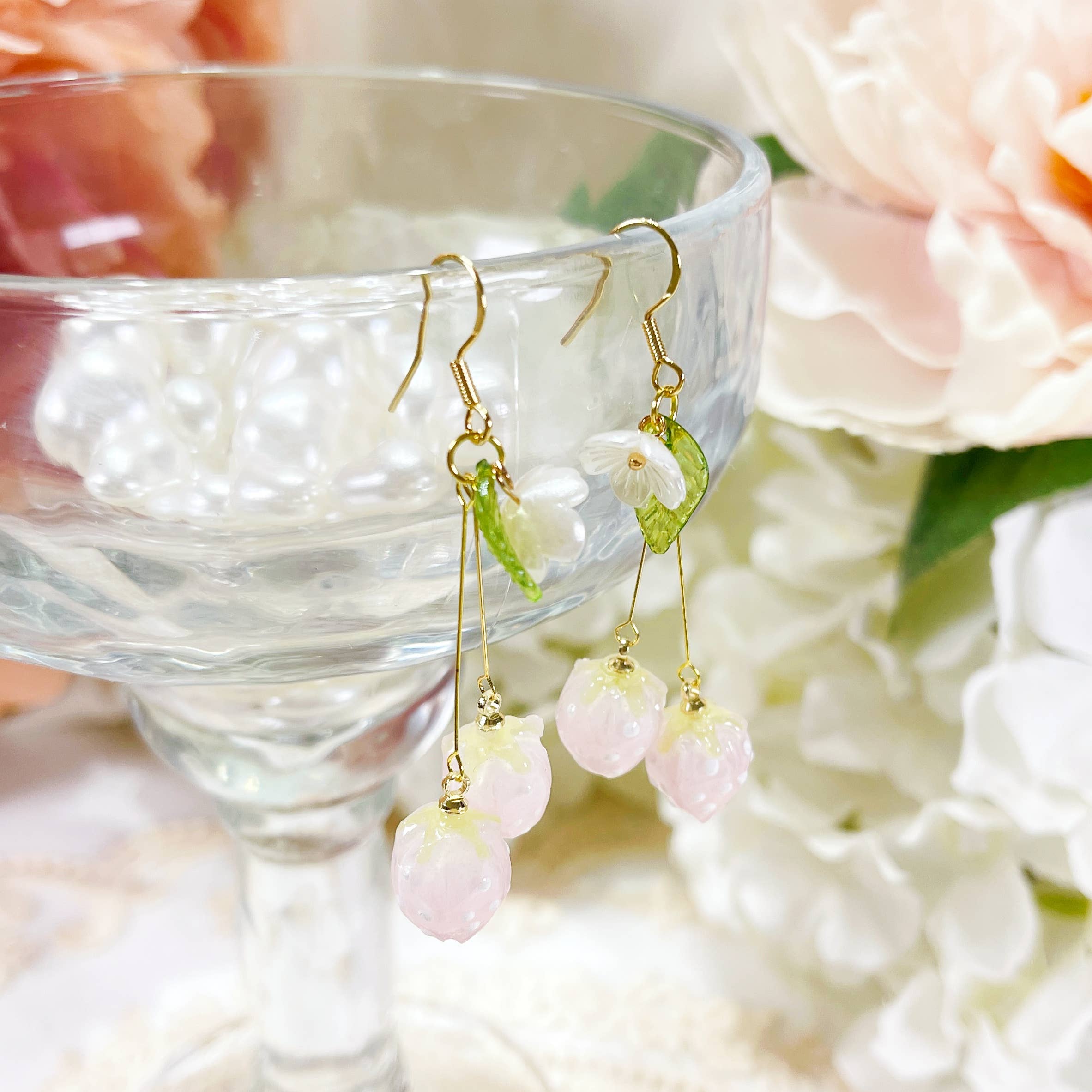 Pink Strawberry Earrings - 18K Gold Finish, S925 Silver Post (Handmade)