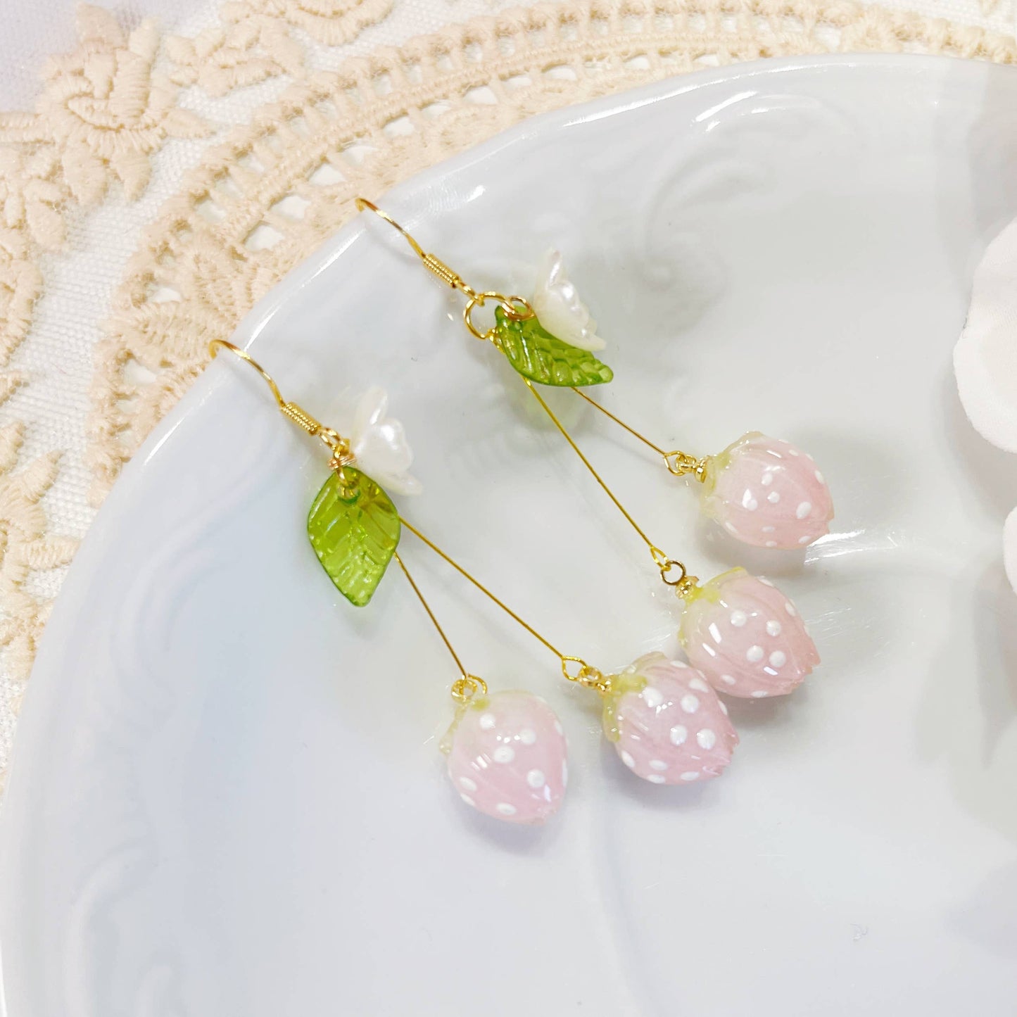 Pink Strawberry Earrings - 18K Gold Finish, S925 Silver Post (Handmade)
