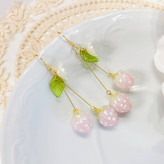 Pink Strawberry Earrings - 18K Gold Finish, S925 Silver Post (Handmade)