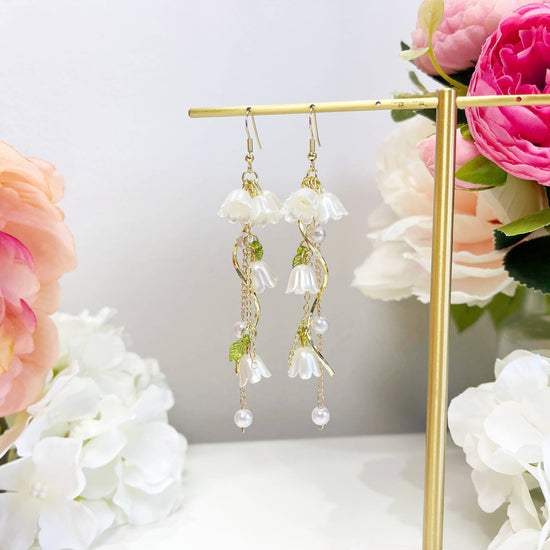 Lily Flower Earrings - Pearl, 925 Silver Post, 18k Gold Finish (Delicately Handmade)