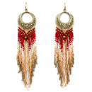 Red Hawk Crescent Moon Long Seed Bead Earrings