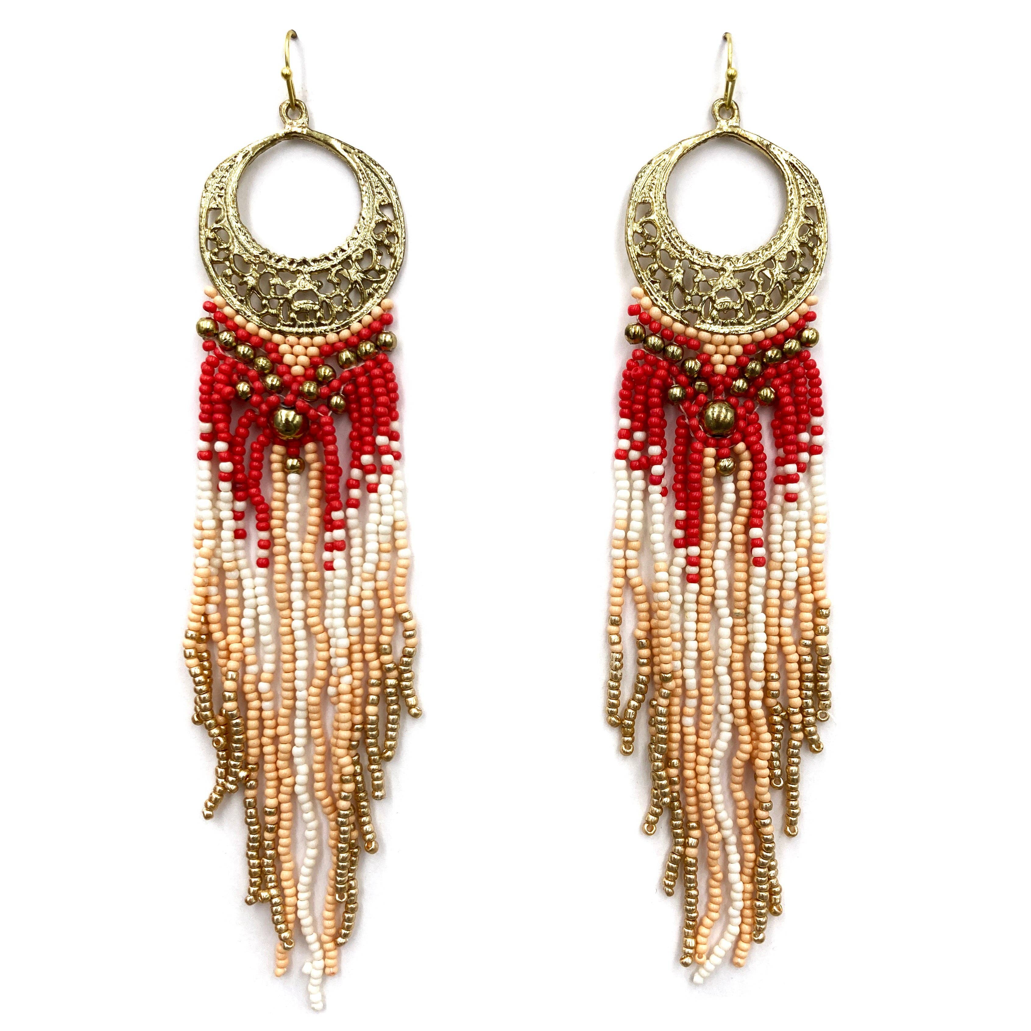 Red Hawk Crescent Moon Long Seed Bead Earrings