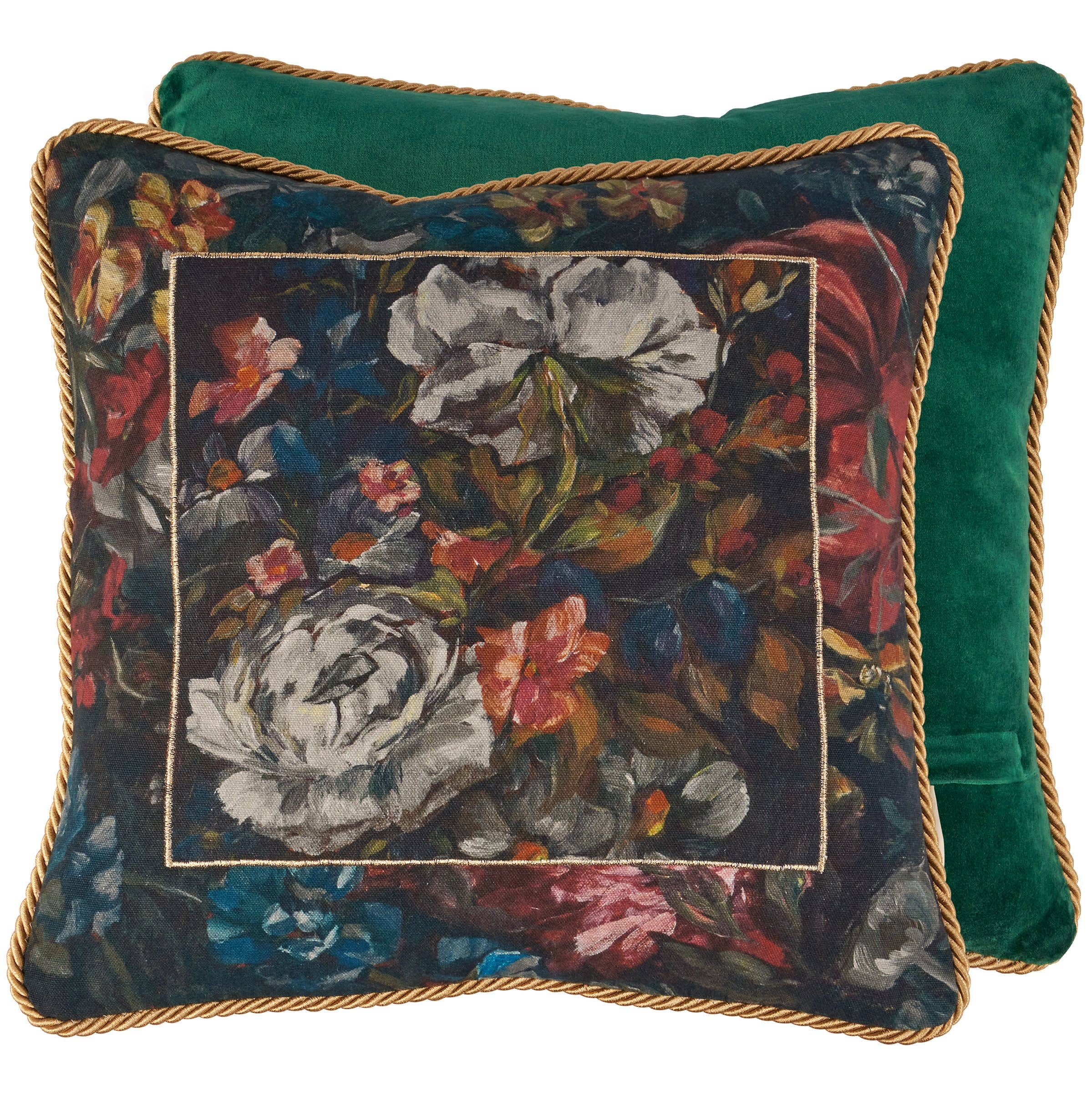 Green Velvet Rose Floral Throw Pillow