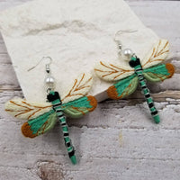 Green Dragonfly Earrings - Woven Cloth Design!