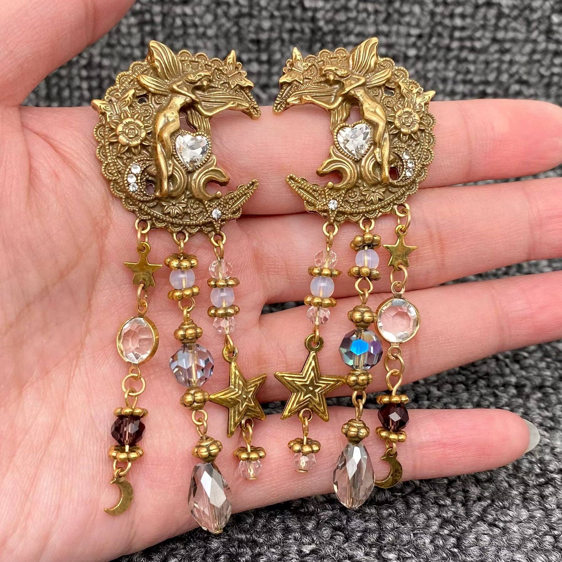 Fairy & Moon Dangling Earrings with 3 pillars of Stars