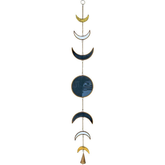 Hanging carved Glass & Metal Moon Phases Charm, 4 feet