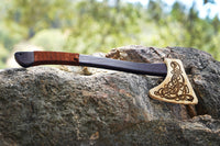Wooden Play Axe with Norse Motif Engraving and Leather Wrap