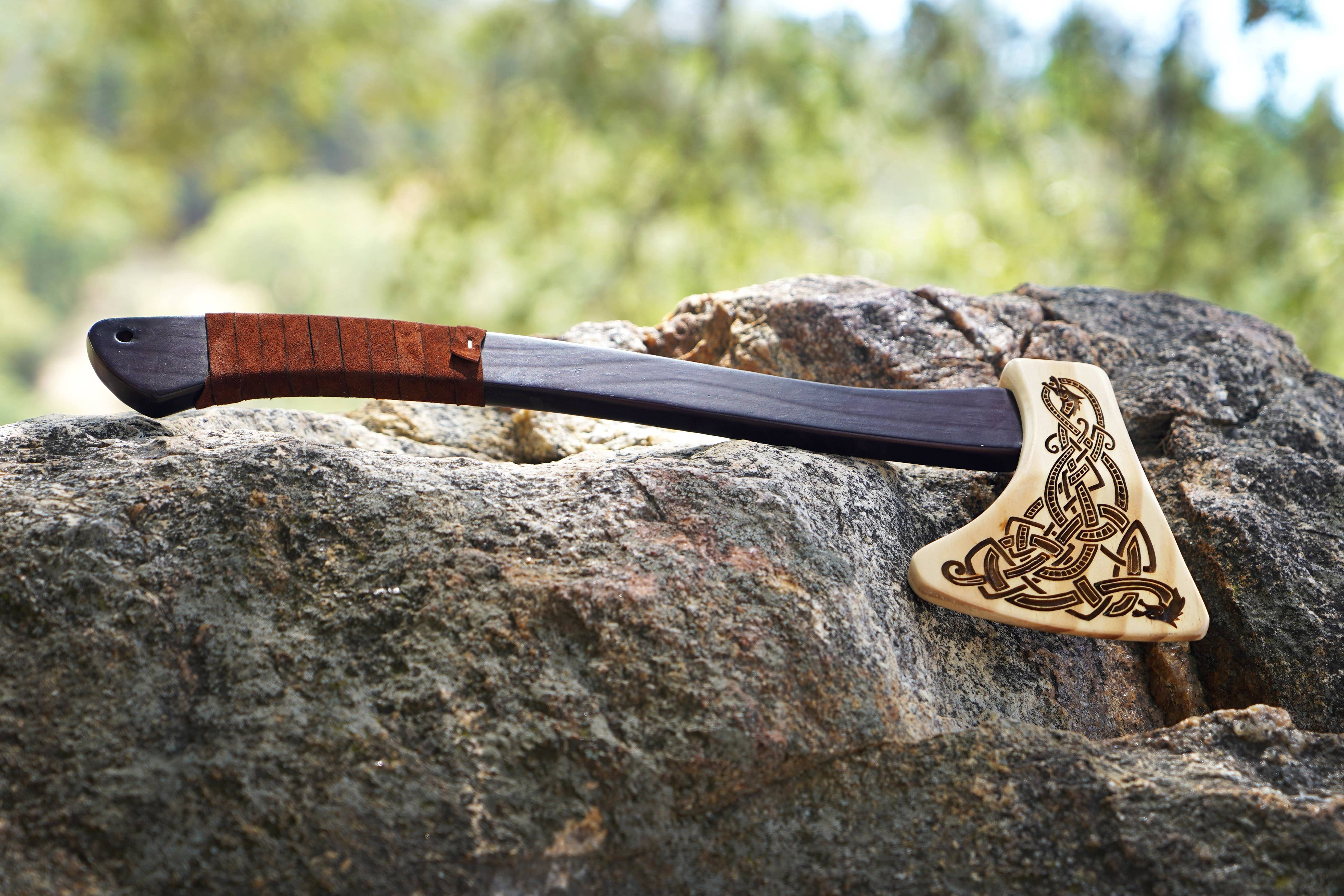 Wooden Play Axe with Norse Motif Engraving and Leather Wrap