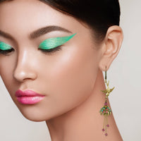 Hand-Painted Antiqued Brass Bird Earrings with Swarovski Crystals