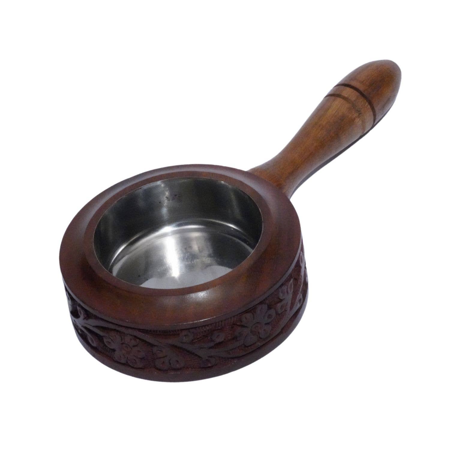 Carved Wood Resin Burner with Wooden Handle and Steel-lined Cup