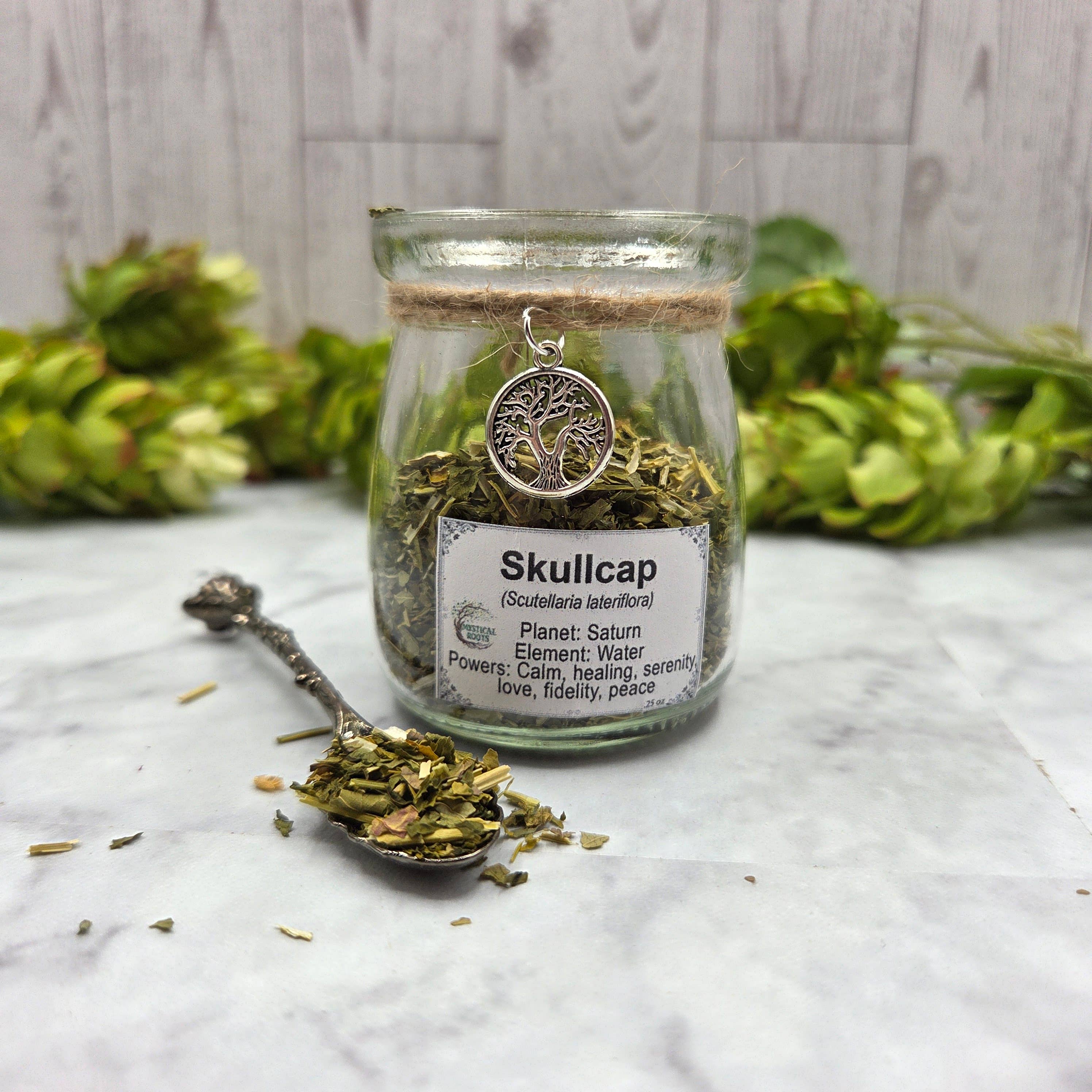 Dried Skullcap in Apothecary Herb Jar w/Tree of Life Charm