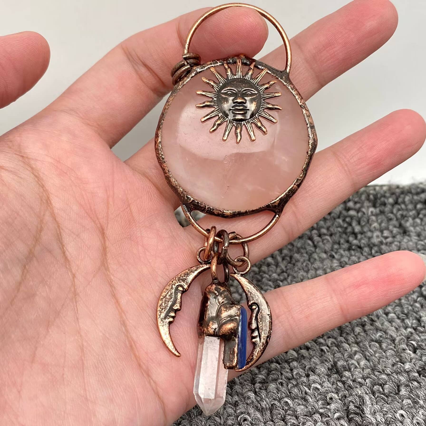 Very Large Quartz Crystal Sun God Moon Pendant (4 inches)