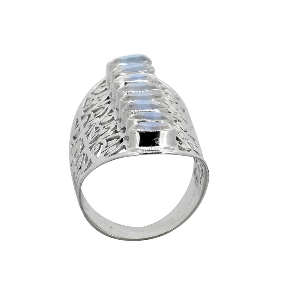 Extra Long Moonstone Ring Stacked in 8 Gemstones, set in Filigree Silver