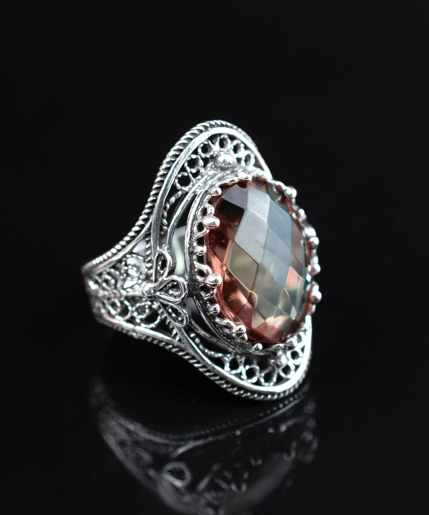 Alexandrite Gemstone Sterling Filigree Ring (Size 6.5)